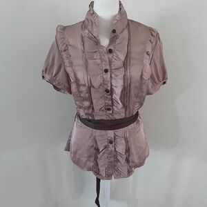 Y2K Body Central Poetry Satin Ruffle Button Down Short Sleeve Blouse |Size Large